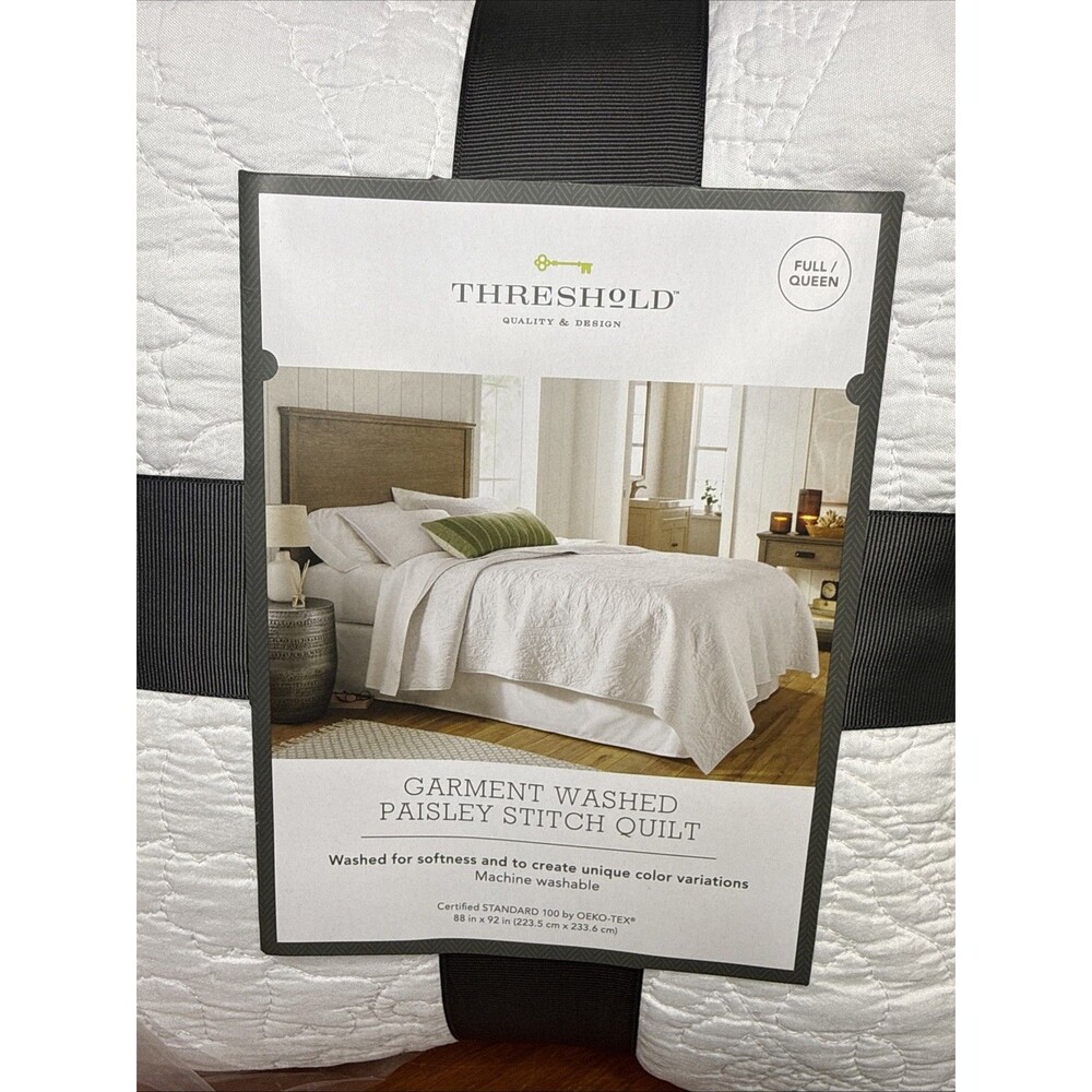Threshold Quilt Garment Washed Paisley Stitch White Full Queen Bedspread Bedding
